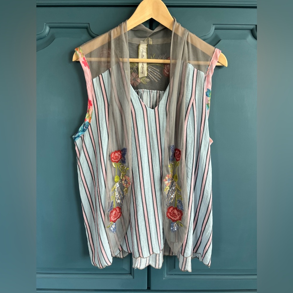 Aratta Striped Embroidered Sleeveless Blouse in Light Blue, Pink & Gray